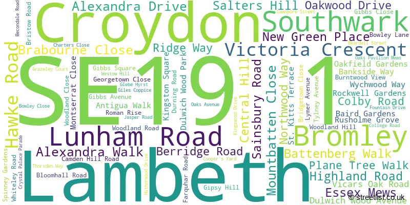 A word cloud for the SE19 1 postcode